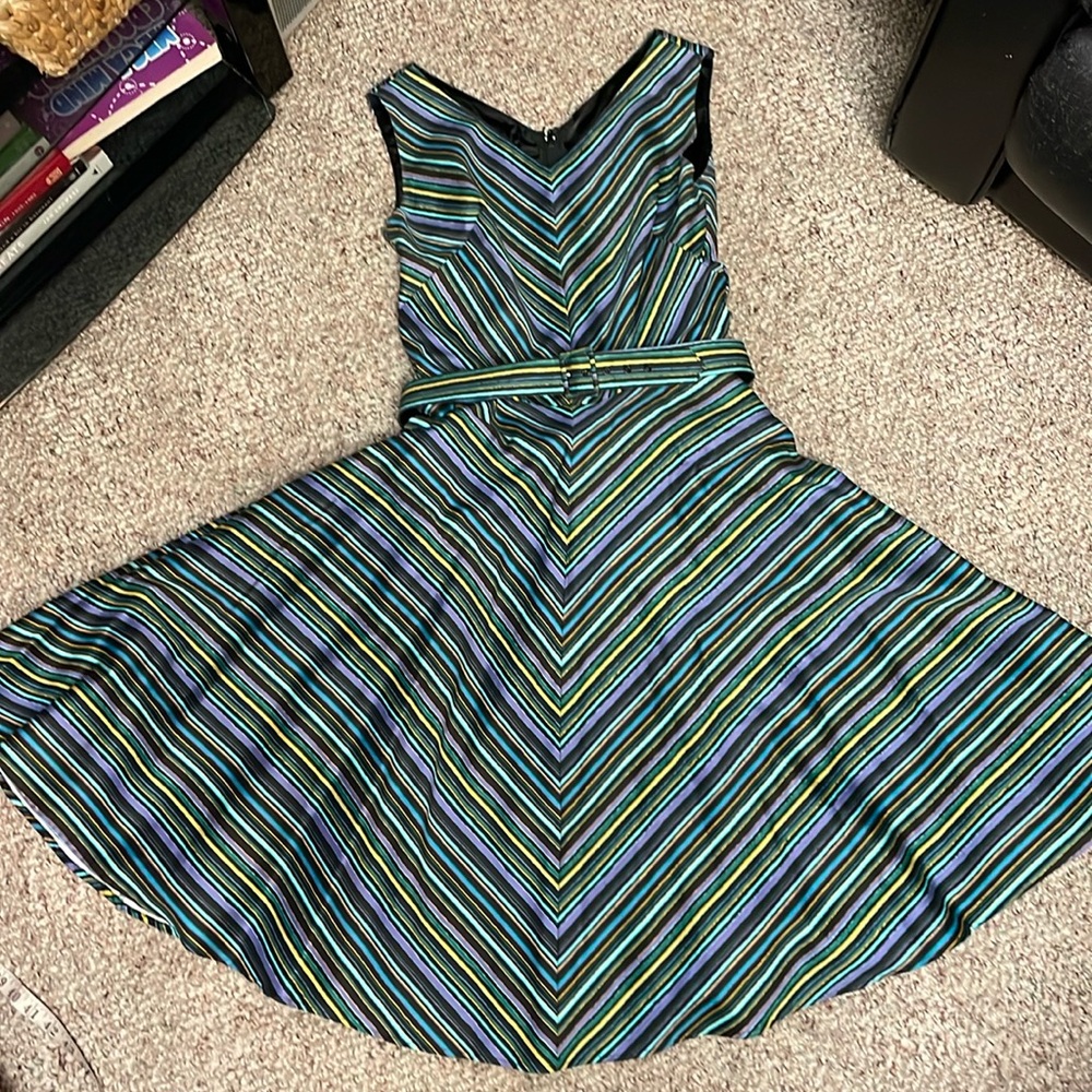 Pinup Couture Black Striped Fit & Flare Dress with Green and Blue Accents - Picture 1 of 12